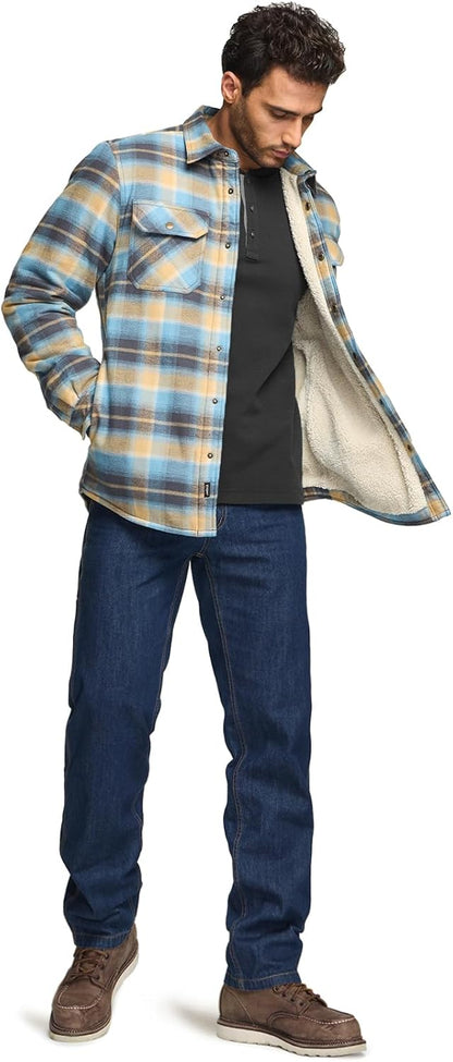 Men's Plaid Flannel Shirt Jacket, Long Sleeve Soft Warm Sherpa/Quilted Lined Jacket, Outdoor Button Up/Zip-Front Jacket