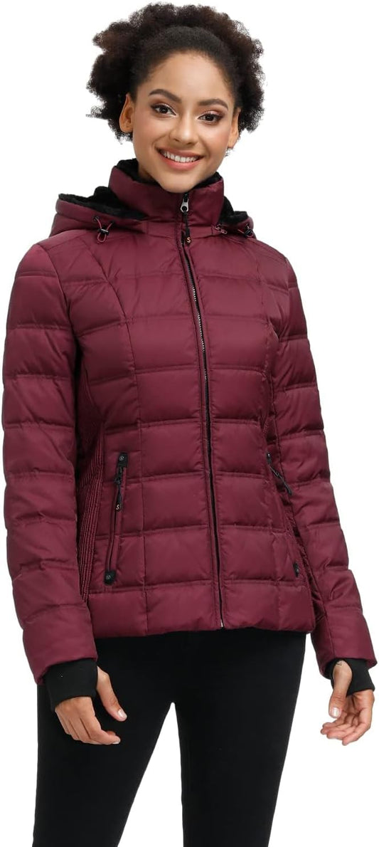 Women's  Down Puffer Jacket Warm Hooded Winter Down Puffer Coat with Faux-Fur Hood & Collar