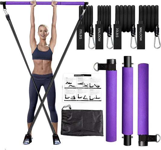 Portable Pilates Exercise Bar Kit with Adjustable 20 and 30lb Resistance Bands WITH Travel Bag for Use at Home, Gym, Office, Travel & More!