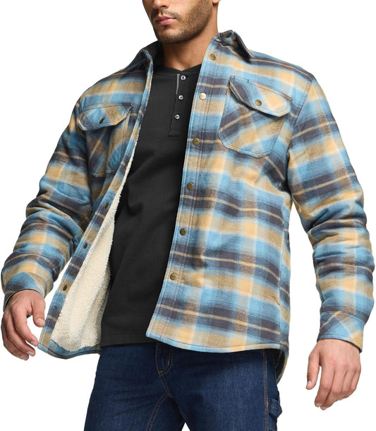 Men's Plaid Flannel Shirt Jacket, Long Sleeve Soft Warm Sherpa/Quilted Lined Jacket, Outdoor Button Up/Zip-Front Jacket