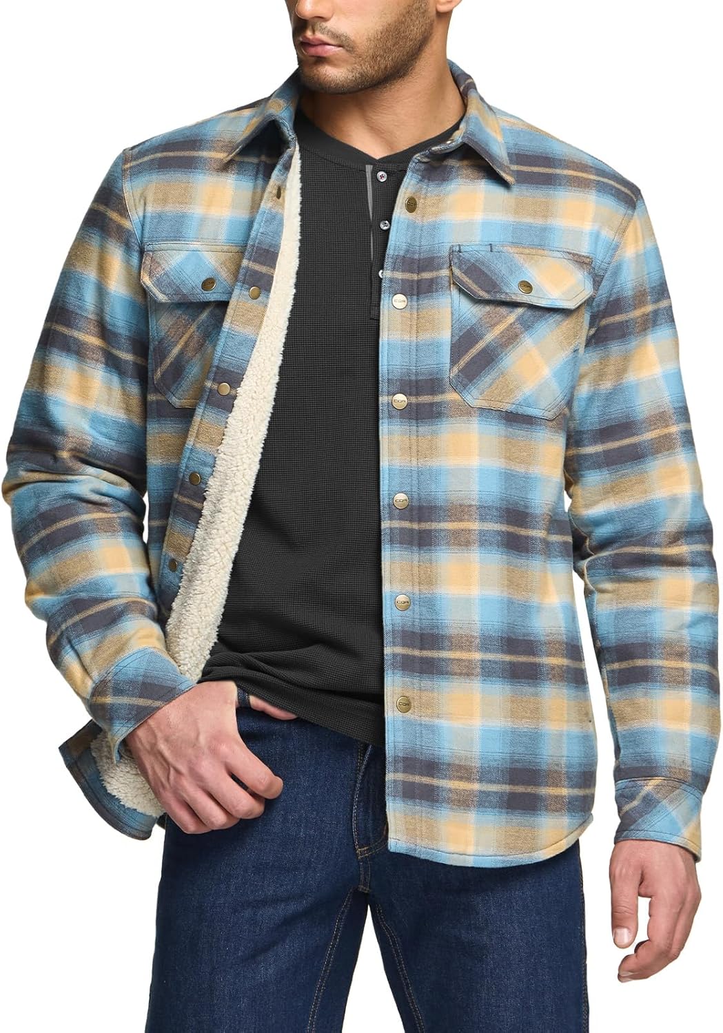 Men's Plaid Flannel Shirt Jacket, Long Sleeve Soft Warm Sherpa/Quilted Lined Jacket, Outdoor Button Up/Zip-Front Jacket