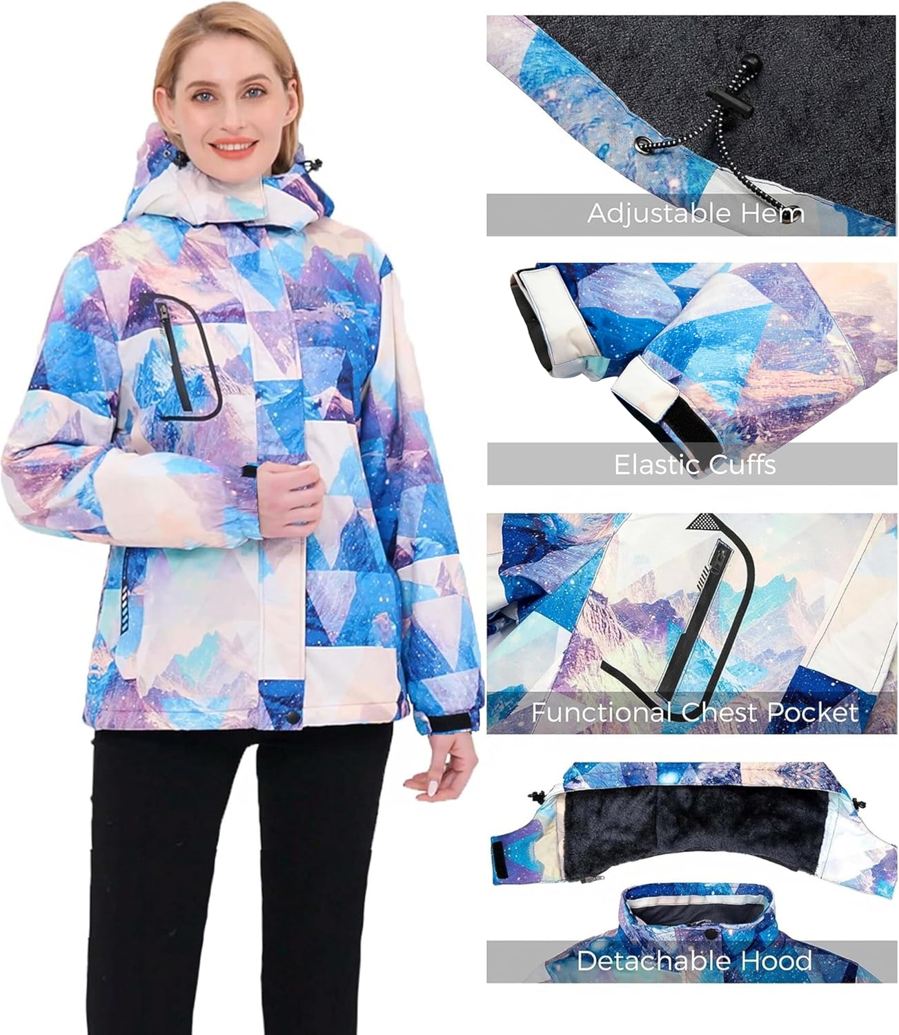 Women's Mountain Waterproof Ski Jacket Windproof Rain Jacket Winter Warm Hooded Coat