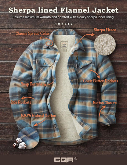Men's Plaid Flannel Shirt Jacket, Long Sleeve Soft Warm Sherpa/Quilted Lined Jacket, Outdoor Button Up/Zip-Front Jacket