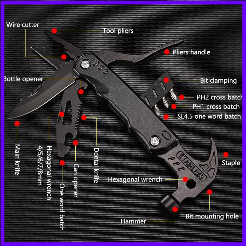 Multifunctional Pliers Stainless Steel Claw Hammer Tool with Nylon Sheath for Outdoor Survival Camping Hunting Hiking Multitool