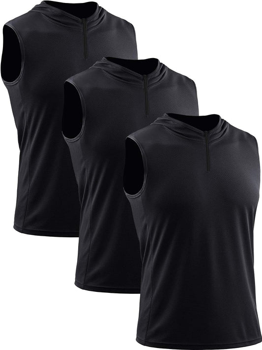 Men's Running Tank Tops 3 Pack Sleeveless Workout Athletic Shirts with Hoods